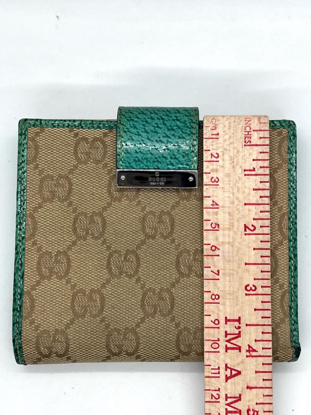 Gucci GG Canvas Wallet Green Leather Trim Compact Italy COA - Picture 13 of 16